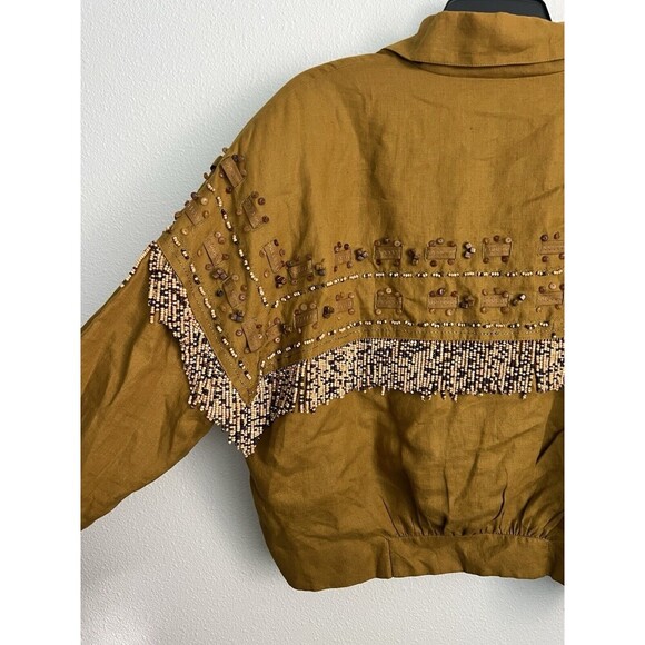VTG Linen Beaded Cropped Oversized Jacket Mustard ButtonUp Cowgirl Boho Western - Picture 6 of 15